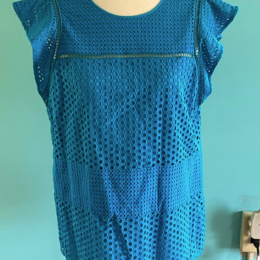 NWT MICHAEL KORS Dark Peacock Eyelet Flutter Sleeves Top Size Large